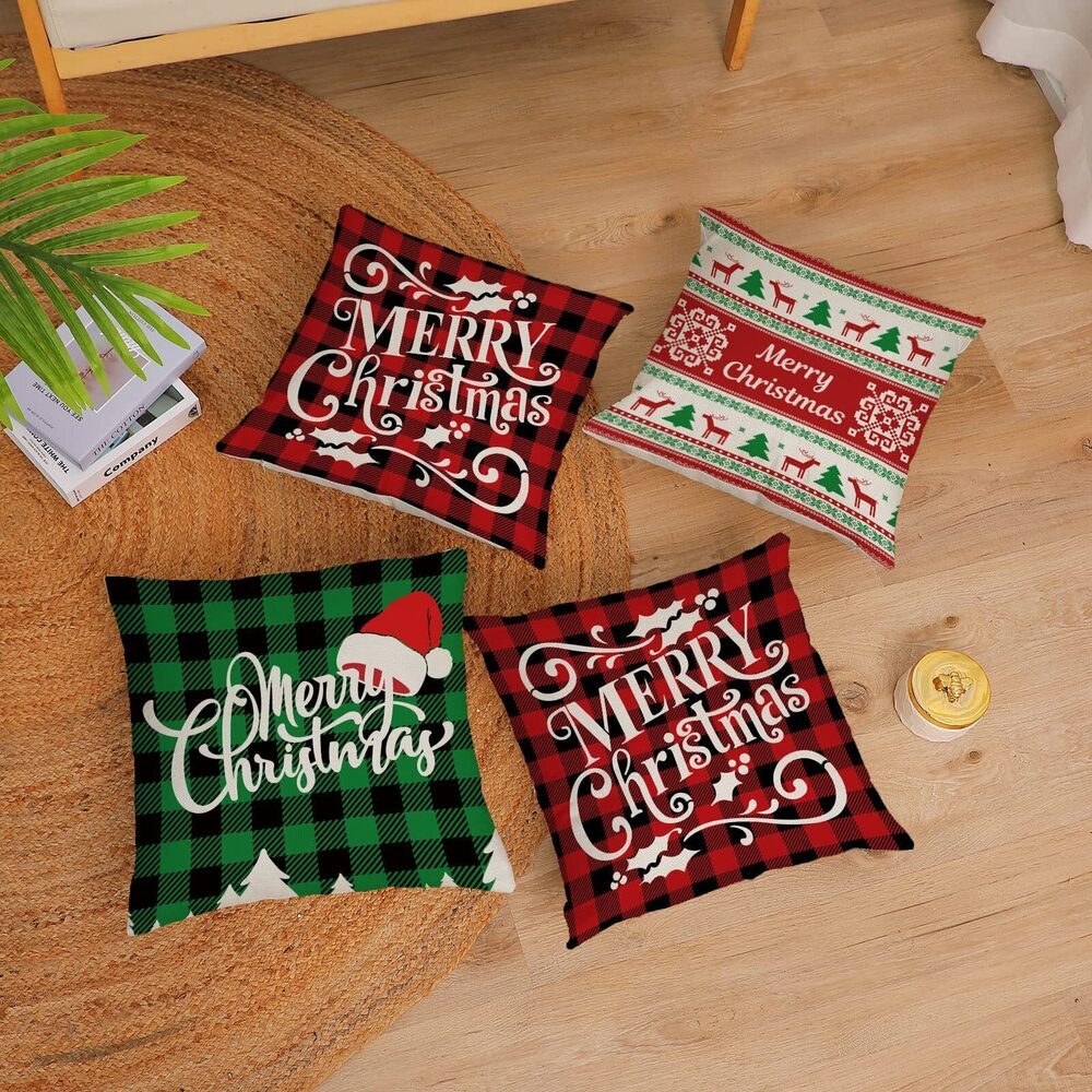 9873 Christmas Pillow Covers 12x12 Set of 4 Red Green Xmas Decorative Throw - Picture 4 of 8